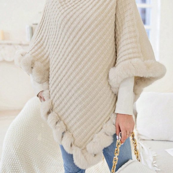 EJC Fuzzy Furry Trim Texture Three-Quarter Sleeve Poncho